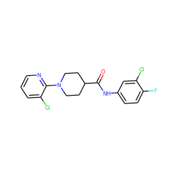 O=C(Nc1ccc(F)c(Cl)c1)C1CCN(c2ncccc2Cl)CC1 ZINC000301565240