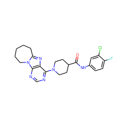 O=C(Nc1ccc(F)c(Cl)c1)C1CCN(c2ncnc3c2nc2n3CCCCC2)CC1 ZINC000009211224