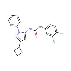 O=C(Nc1ccc(F)c(Cl)c1)Nc1cc(C2CCC2)nn1-c1ccccc1 ZINC000096273845