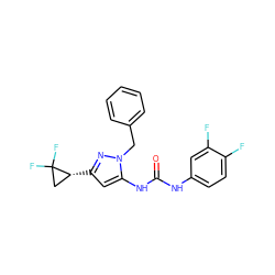 O=C(Nc1ccc(F)c(F)c1)Nc1cc([C@@H]2CC2(F)F)nn1Cc1ccccc1 ZINC000299830364