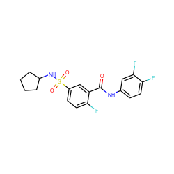 O=C(Nc1ccc(F)c(F)c1)c1cc(S(=O)(=O)NC2CCCC2)ccc1F ZINC000003023542