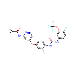 O=C(Nc1ccc(F)c(OC(F)(F)F)c1)Nc1ccc(Oc2ccnc(NC(=O)C3CC3)c2)cc1F ZINC001772635971