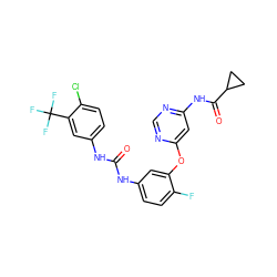 O=C(Nc1ccc(F)c(Oc2cc(NC(=O)C3CC3)ncn2)c1)Nc1ccc(Cl)c(C(F)(F)F)c1 ZINC001772635289