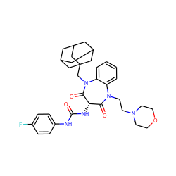 O=C(Nc1ccc(F)cc1)N[C@H]1C(=O)N(CCN2CCOCC2)c2ccccc2N(CC23CC4CC(CC(C4)C2)C3)C1=O ZINC000072177916