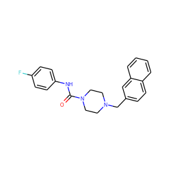 O=C(Nc1ccc(F)cc1)N1CCN(Cc2ccc3ccccc3c2)CC1 ZINC000038208820