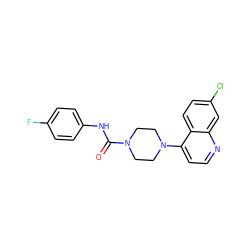 O=C(Nc1ccc(F)cc1)N1CCN(c2ccnc3cc(Cl)ccc23)CC1 ZINC000142756915