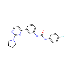 O=C(Nc1ccc(F)cc1)Nc1cccc(-c2ccnc(N3CCCC3)n2)c1 ZINC001772635677