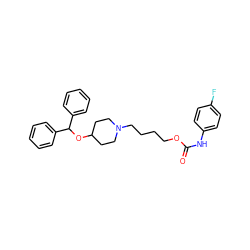 O=C(Nc1ccc(F)cc1)OCCCCN1CCC(OC(c2ccccc2)c2ccccc2)CC1 ZINC000028650676