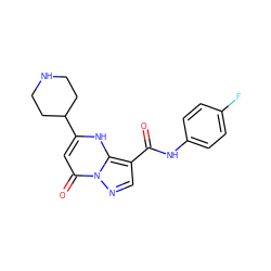 O=C(Nc1ccc(F)cc1)c1cnn2c(=O)cc(C3CCNCC3)[nH]c12 ZINC000020855409