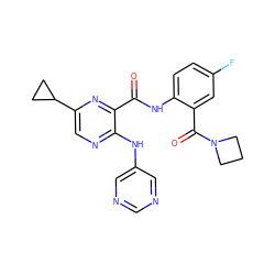 O=C(Nc1ccc(F)cc1C(=O)N1CCC1)c1nc(C2CC2)cnc1Nc1cncnc1 ZINC000169701915