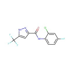 O=C(Nc1ccc(F)cc1Cl)c1cc(C(F)(F)F)[nH]n1 ZINC000137126283