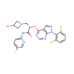 O=C(Nc1ccc(F)cn1)[C@H](CN1CC(O)C1)Oc1ncnc2c1cnn2-c1c(Cl)cccc1Cl ZINC000114685139