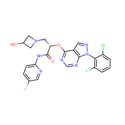 O=C(Nc1ccc(F)cn1)[C@H](CN1CC(O)C1)Oc1ncnc2c1cnn2-c1c(F)cccc1Cl ZINC000114684913