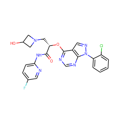 O=C(Nc1ccc(F)cn1)[C@H](CN1CC(O)C1)Oc1ncnc2c1cnn2-c1ccccc1Cl ZINC000114686484