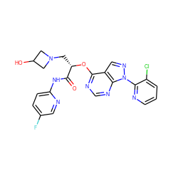 O=C(Nc1ccc(F)cn1)[C@H](CN1CC(O)C1)Oc1ncnc2c1cnn2-c1ncccc1Cl ZINC000114685469