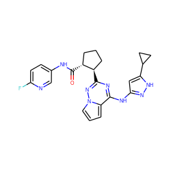 O=C(Nc1ccc(F)nc1)[C@@H]1CCC[C@H]1c1nc(Nc2cc(C3CC3)[nH]n2)c2cccn2n1 ZINC000058582182