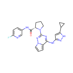 O=C(Nc1ccc(F)nc1)[C@@H]1CCCN1c1nc(Nc2cc(C3CC3)[nH]n2)c2cccn2n1 ZINC000058575367