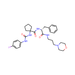 O=C(Nc1ccc(I)cc1)NC1(C(=O)N[C@H](Cc2ccccc2)C(=O)NCCCN2CCOCC2)CCCC1 ZINC000028711603