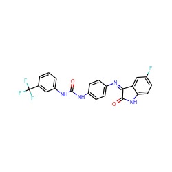 O=C(Nc1ccc(N=C2C(=O)Nc3ccc(F)cc32)cc1)Nc1cccc(C(F)(F)F)c1 ZINC000473109470