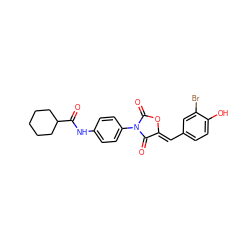 O=C(Nc1ccc(N2C(=O)O/C(=C\c3ccc(O)c(Br)c3)C2=O)cc1)C1CCCCC1 ZINC000084619719