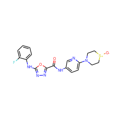 O=C(Nc1ccc(N2CC[S+]([O-])CC2)nc1)c1nnc(Nc2ccccc2F)o1 ZINC000084706047