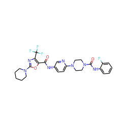 O=C(Nc1ccc(N2CCN(C(=O)Nc3ccccc3F)CC2)nc1)c1oc(N2CCCCC2)nc1C(F)(F)F ZINC000095592291