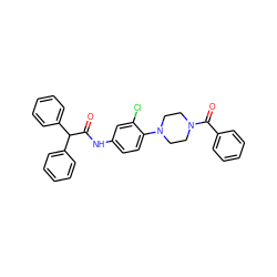 O=C(Nc1ccc(N2CCN(C(=O)c3ccccc3)CC2)c(Cl)c1)C(c1ccccc1)c1ccccc1 ZINC000014279385