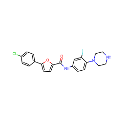 O=C(Nc1ccc(N2CCNCC2)c(F)c1)c1ccc(-c2ccc(Cl)cc2)o1 ZINC000084636070