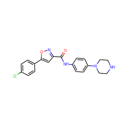 O=C(Nc1ccc(N2CCNCC2)cc1)c1cc(-c2ccc(Cl)cc2)on1 ZINC000084616903