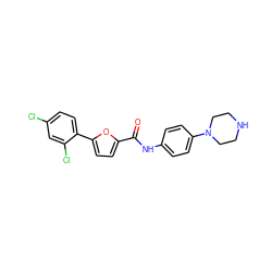 O=C(Nc1ccc(N2CCNCC2)cc1)c1ccc(-c2ccc(Cl)cc2Cl)o1 ZINC000084617753