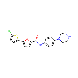 O=C(Nc1ccc(N2CCNCC2)cc1)c1ccc(-c2ccc(Cl)s2)o1 ZINC000084619457