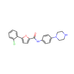 O=C(Nc1ccc(N2CCNCC2)cc1)c1ccc(-c2ccccc2Cl)o1 ZINC000084587306