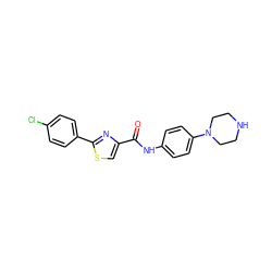 O=C(Nc1ccc(N2CCNCC2)cc1)c1csc(-c2ccc(Cl)cc2)n1 ZINC000084596668