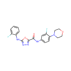 O=C(Nc1ccc(N2CCOCC2)c(F)c1)c1nnc(Nc2ccccc2F)o1 ZINC000035816834