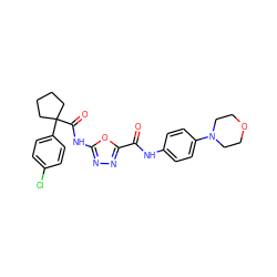 O=C(Nc1ccc(N2CCOCC2)cc1)c1nnc(NC(=O)C2(c3ccc(Cl)cc3)CCCC2)o1 ZINC000034841878