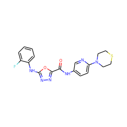 O=C(Nc1ccc(N2CCSCC2)nc1)c1nnc(Nc2ccccc2F)o1 ZINC000084706044