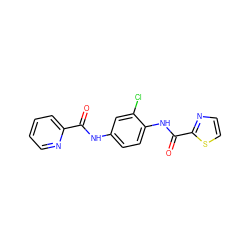 O=C(Nc1ccc(NC(=O)c2nccs2)c(Cl)c1)c1ccccn1 ZINC000082153860