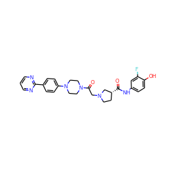 O=C(Nc1ccc(O)c(F)c1)[C@@H]1CCN(CC(=O)N2CCN(c3ccc(-c4ncccn4)cc3)CC2)C1 ZINC000299862167