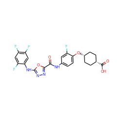 O=C(Nc1ccc(O[C@H]2CC[C@@H](C(=O)O)CC2)c(F)c1)c1nnc(Nc2cc(F)c(F)cc2F)o1 ZINC000299847717