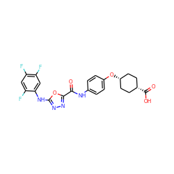 O=C(Nc1ccc(O[C@H]2CC[C@@H](C(=O)O)CC2)cc1)c1nnc(Nc2cc(F)c(F)cc2F)o1 ZINC000103298288