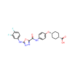 O=C(Nc1ccc(O[C@H]2CC[C@@H](C(=O)O)CC2)cc1)c1nnc(Nc2ccc(F)c(F)c2)o1 ZINC000299849275