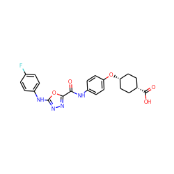 O=C(Nc1ccc(O[C@H]2CC[C@@H](C(=O)O)CC2)cc1)c1nnc(Nc2ccc(F)cc2)o1 ZINC000299847434