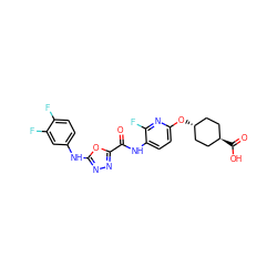 O=C(Nc1ccc(O[C@H]2CC[C@H](C(=O)O)CC2)nc1F)c1nnc(Nc2ccc(F)c(F)c2)o1 ZINC000116600970