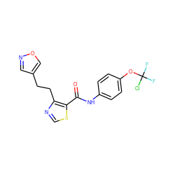 O=C(Nc1ccc(OC(F)(F)Cl)cc1)c1scnc1CCc1cnoc1 ZINC000014946549