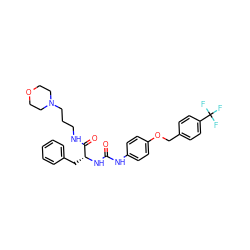 O=C(Nc1ccc(OCc2ccc(C(F)(F)F)cc2)cc1)N[C@H](Cc1ccccc1)C(=O)NCCCN1CCOCC1 ZINC000028134588