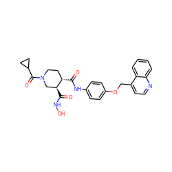 O=C(Nc1ccc(OCc2ccnc3ccccc23)cc1)[C@H]1CCN(C(=O)C2CC2)C[C@@H]1C(=O)NO ZINC000013587713