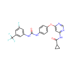 O=C(Nc1ccc(Oc2cc(NC(=O)C3CC3)ncn2)cc1)Nc1cc(F)cc(C(F)(F)F)c1 ZINC001772641310