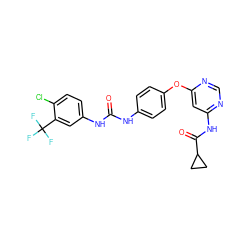 O=C(Nc1ccc(Oc2cc(NC(=O)C3CC3)ncn2)cc1)Nc1ccc(Cl)c(C(F)(F)F)c1 ZINC001772622250