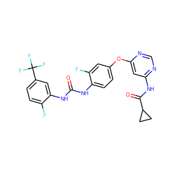 O=C(Nc1ccc(Oc2cc(NC(=O)C3CC3)ncn2)cc1F)Nc1cc(C(F)(F)F)ccc1F ZINC001772641547