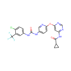 O=C(Nc1ccc(Oc2cc(NC(=O)C3CC3)ncn2)nc1)Nc1ccc(Cl)c(C(F)(F)F)c1 ZINC001772575940